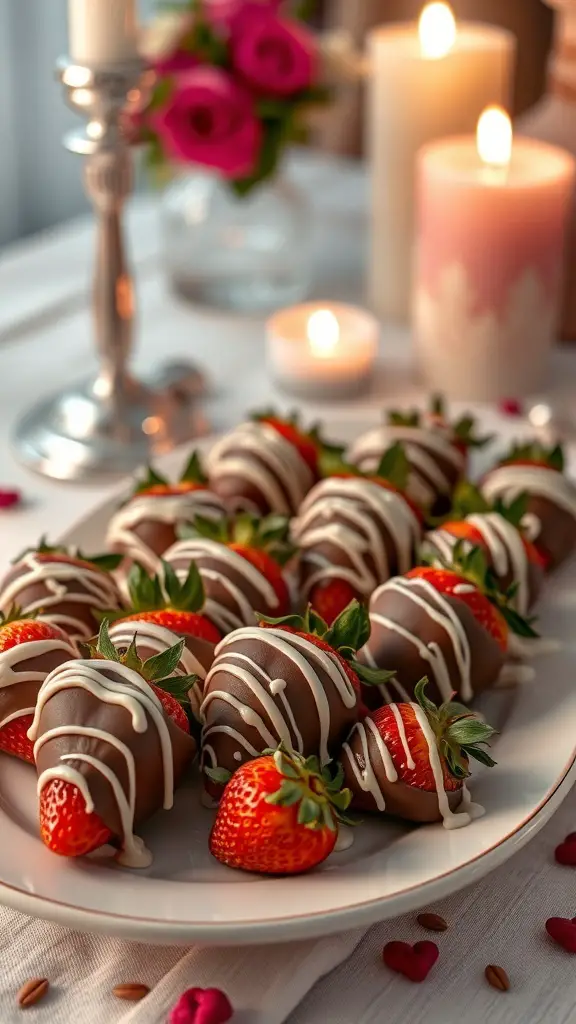 A platter of chocolate-covered strawberries with white chocolate drizzle, surrounded by candles and flowers.