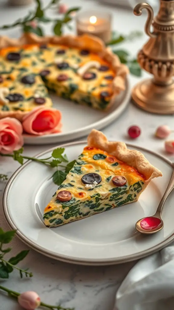 A slice of savory spinach and feta quiche on a plate, with the whole quiche in the background, surrounded by roses and a candle.