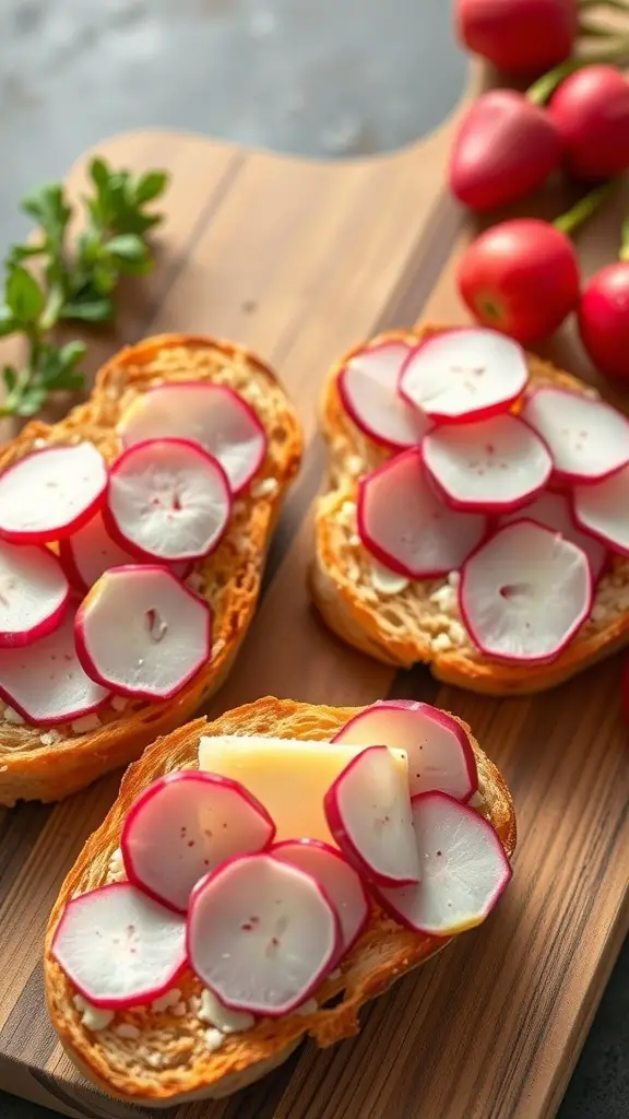 Radish and butter toasts on a wooden board with fresh radishes in the background.