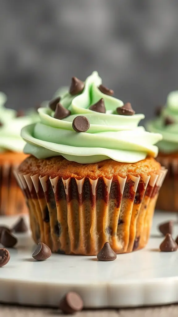 Mint chocolate chip cupcakes with green frosting and chocolate chips on top