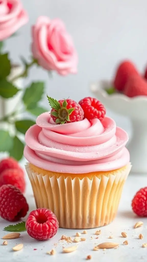 A delicious raspberry almond cupcake topped with pink frosting and fresh raspberries, surrounded by raspberries and pink roses.
