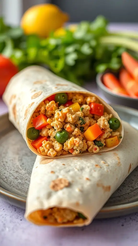 Two vegan breakfast burritos filled with colorful vegetables on a plate.