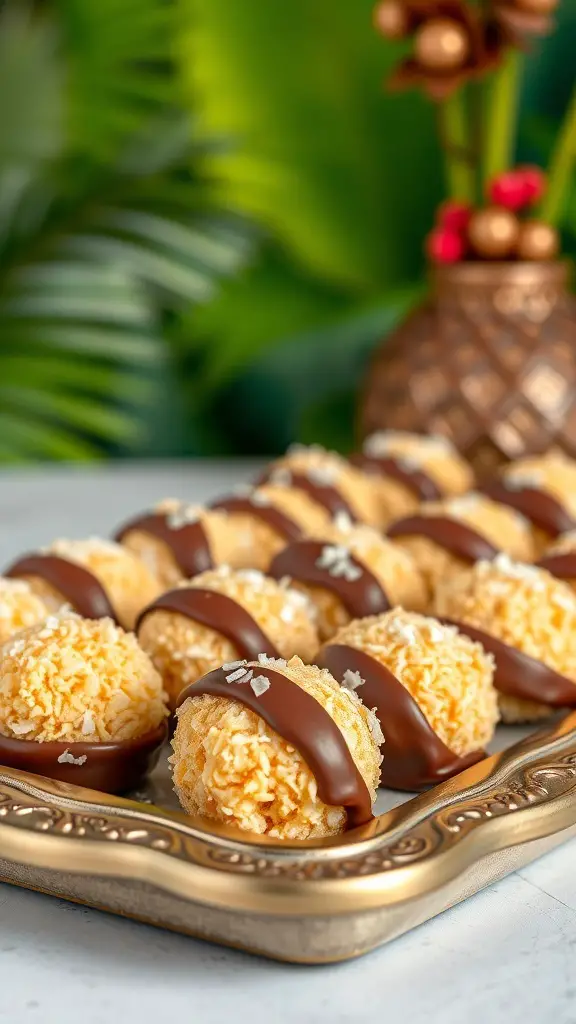 Coconut macaroons dipped in chocolate arranged on a decorative platter