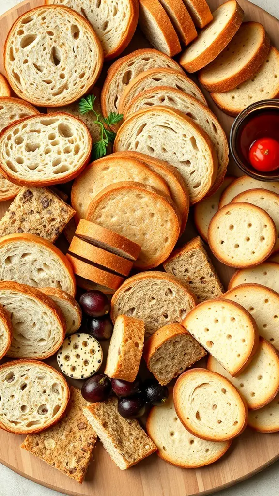A variety of sliced breads and crackers arranged on a wooden board, garnished with herbs and a small bowl of cherry tomatoes.