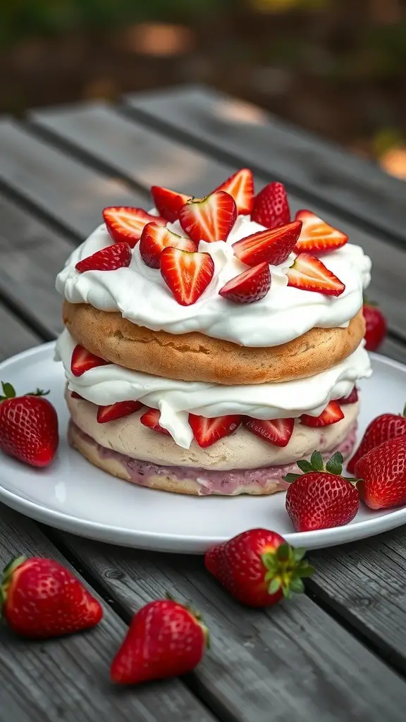 A delicious Strawberry Shortcake Poke Cake topped with fresh strawberries and whipped cream.