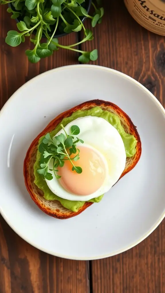 A slice of toasted bread topped with avocado and a poached egg, garnished with microgreens.