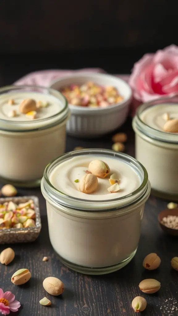 Pistachio and rose water pudding served in jars with pistachio toppings and rose petals