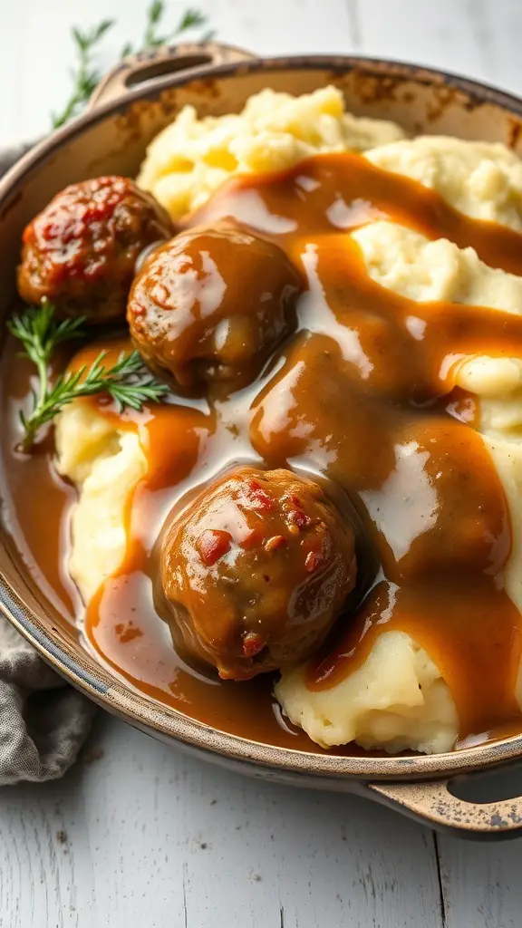 Bangers and Mash Meatballs served with gravy over mashed potatoes