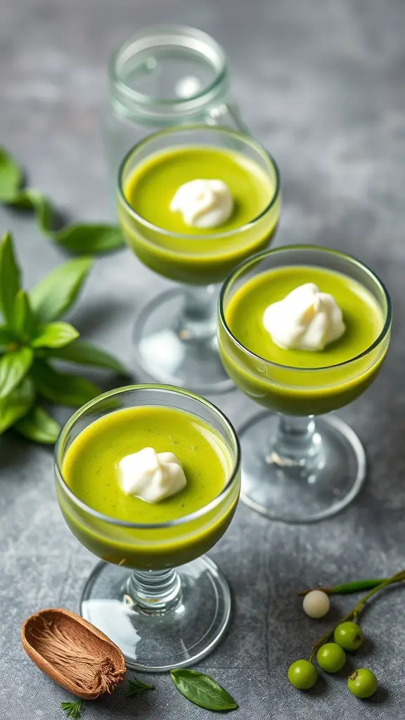 Three small glasses of vibrant green pea soup topped with a dollop of cream, surrounded by fresh herbs and peas.