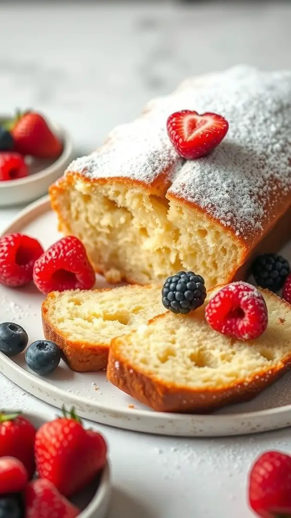 A beautifully baked vanilla bean pound cake, sliced and garnished with fresh berries and powdered sugar.