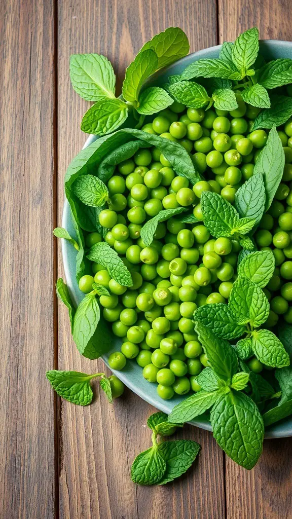 A bowl filled with fresh green peas and mint leaves on a wooden table.