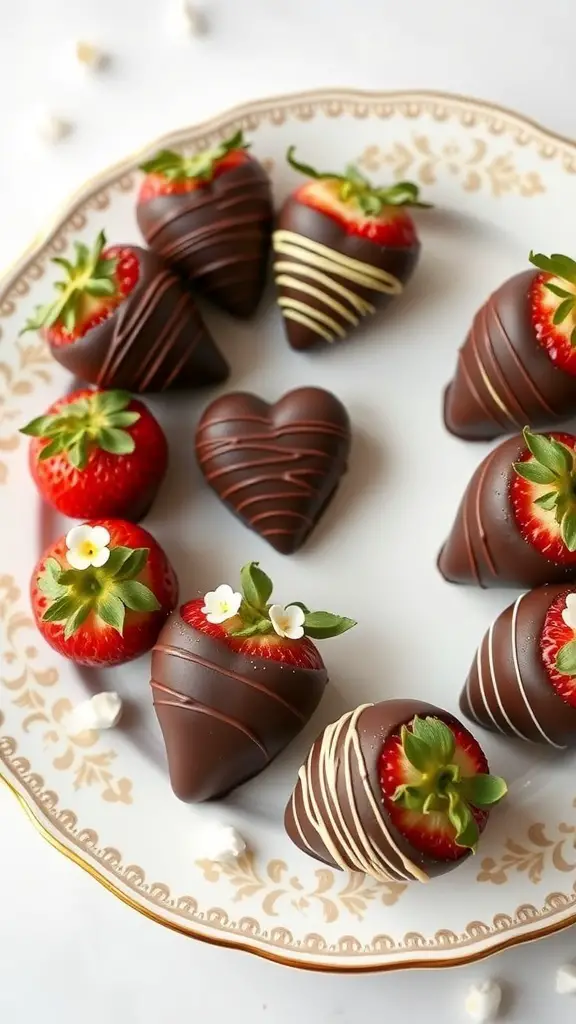 A plate of chocolate-covered strawberries shaped like hearts, some drizzled with white chocolate.