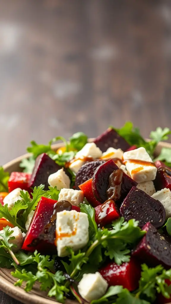 A colorful roasted beet and goat cheese salad with greens and dressing.