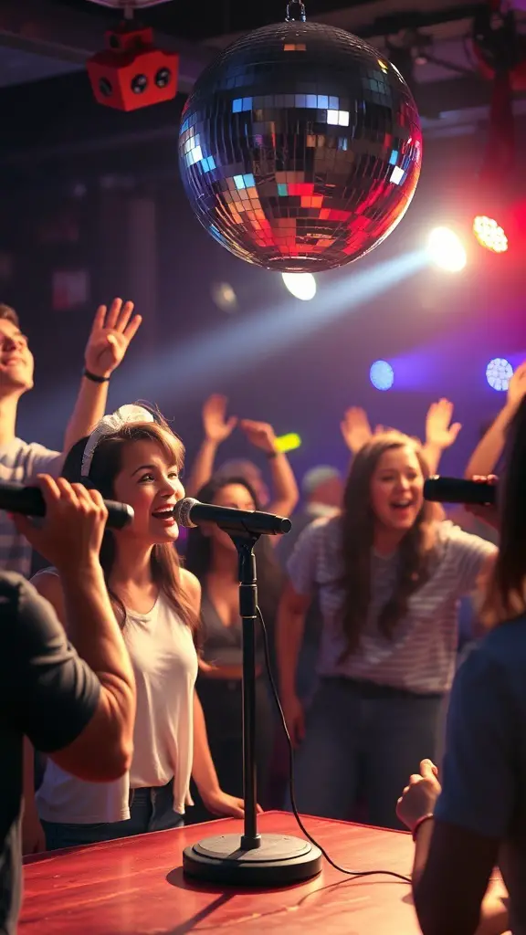 Friends singing karaoke with a disco ball overhead