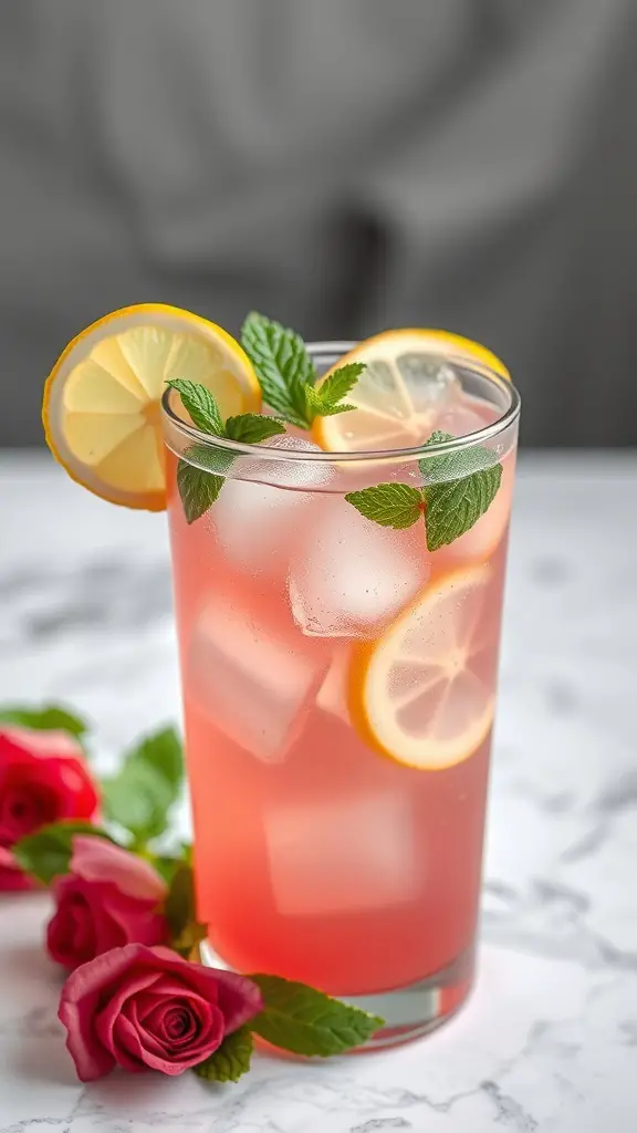 A glass of rose-infused lemonade garnished with lemon slices and mint leaves, surrounded by fresh roses.