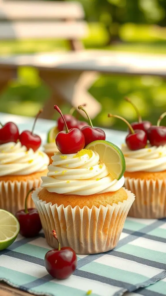 Cherry Limeade Cupcakes with cherries and lime slices on top