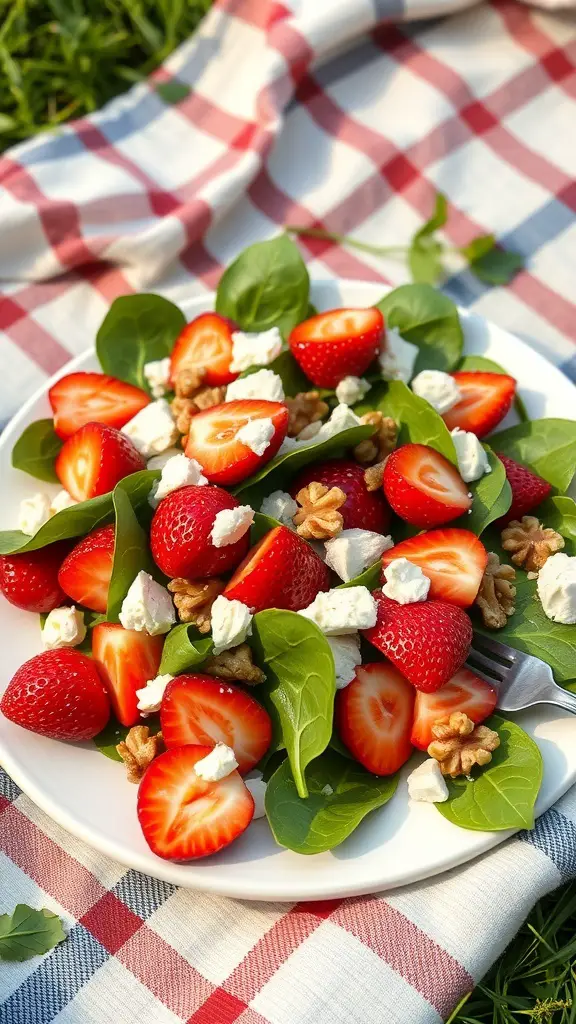 A vibrant Strawberry Spinach Salad with Feta on a white plate, featuring fresh spinach, sliced strawberries, crumbled feta cheese, and walnuts, set on a picnic blanket.