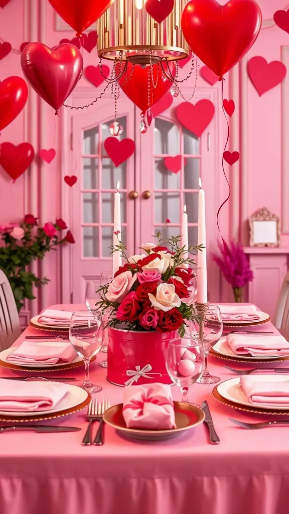 A beautifully set table for a Galentines dinner party, decorated with heart-shaped balloons, a floral centerpiece, and elegant tableware.
