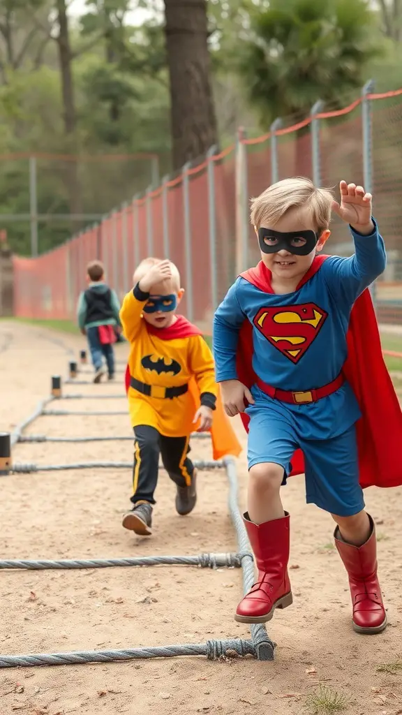 Kids dressed as superheroes running at a training camp