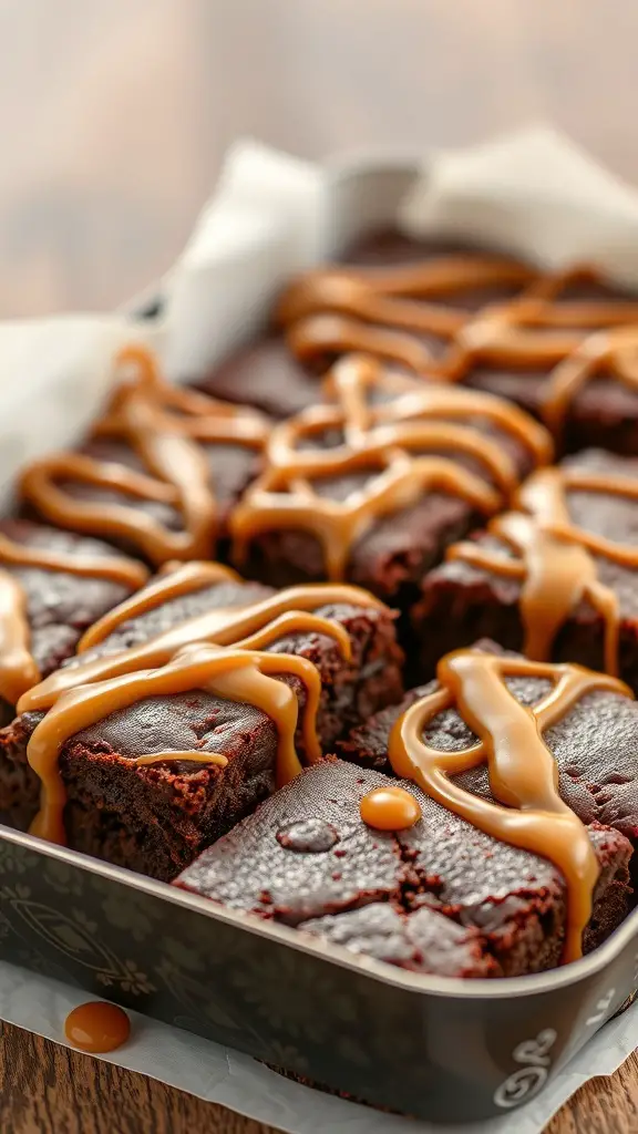 A tray of caramel drizzled brownies, showcasing rich chocolate with a glossy caramel topping.