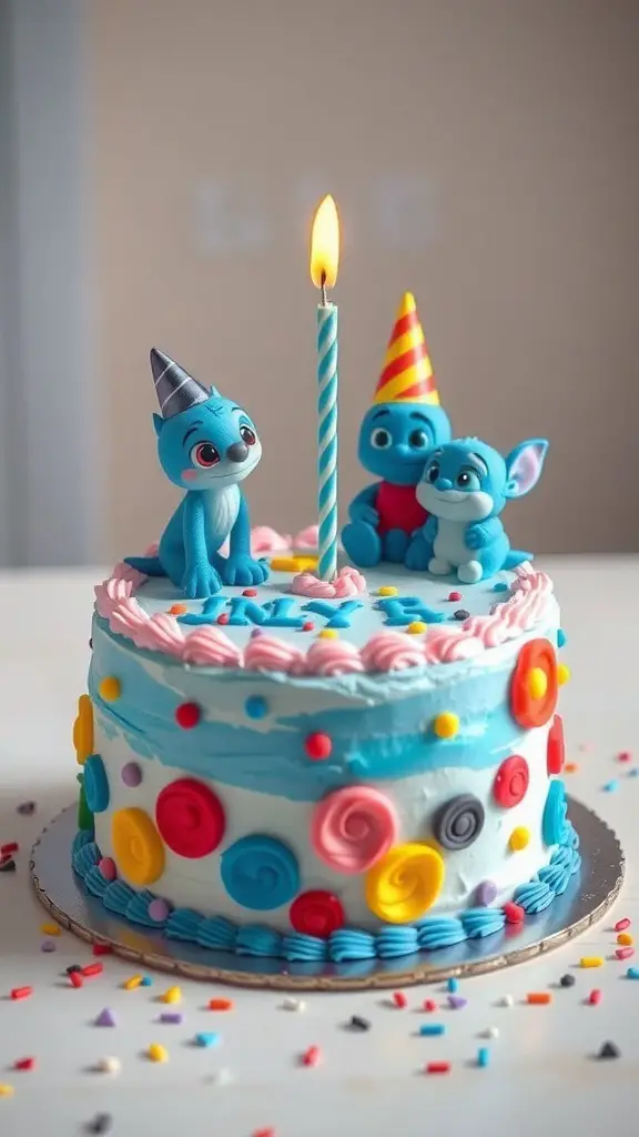 A colorful Bluey birthday cake with playful decorations and figurines