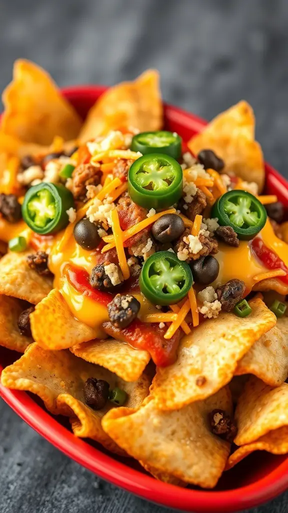 A bowl of Shepherd's Pie Nachos topped with cheese, ground meat, black beans, and jalapeños.