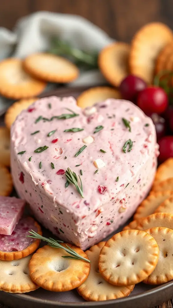 A heart-shaped pink cheese ball surrounded by crackers and grapes on a platter.