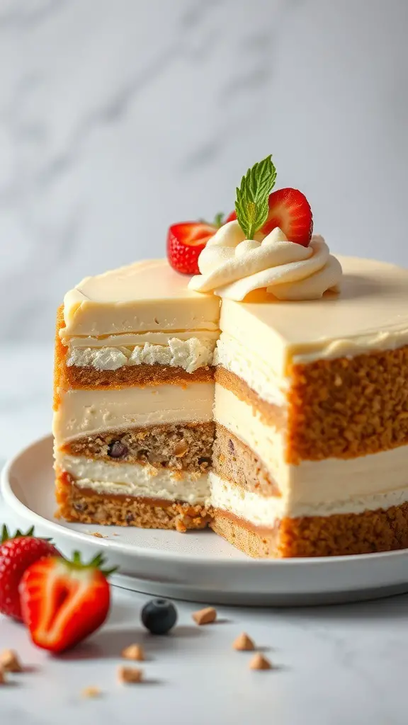 A beautifully layered cheesecake bento cake with strawberries and mint on top.