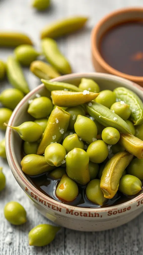 A bowl of edamame pods with sea salt, surrounded by scattered pods on a wooden surface.
