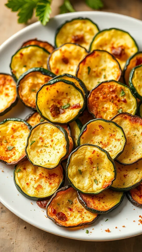 A plate of crispy zucchini chips seasoned with spices