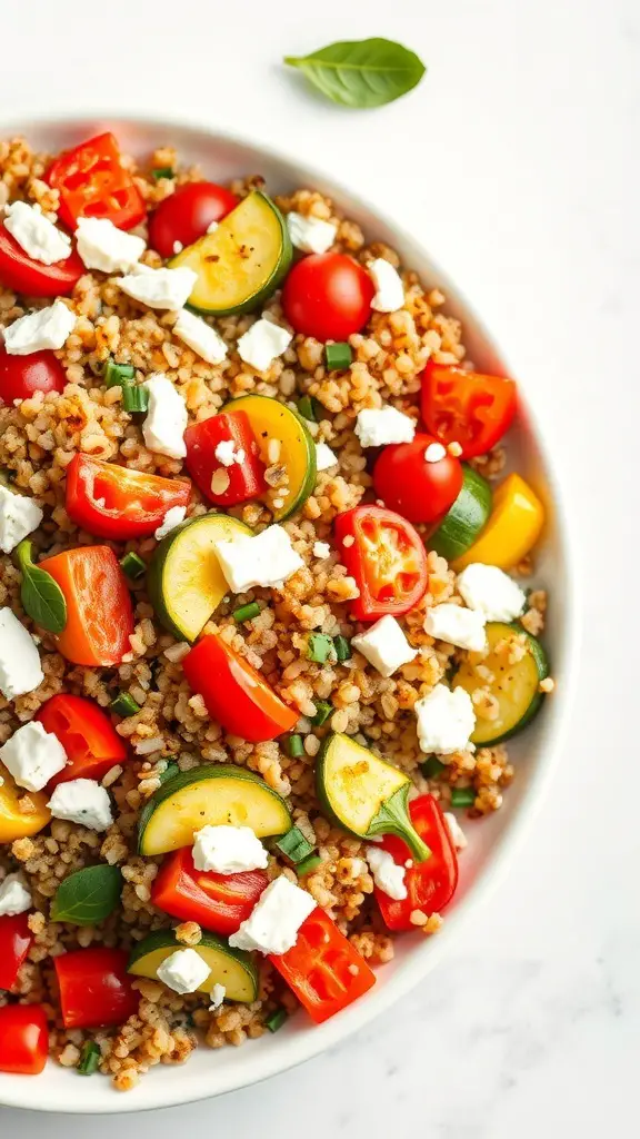 A bowl of quinoa salad with roasted vegetables, featuring tomatoes, zucchini, and feta cheese.
