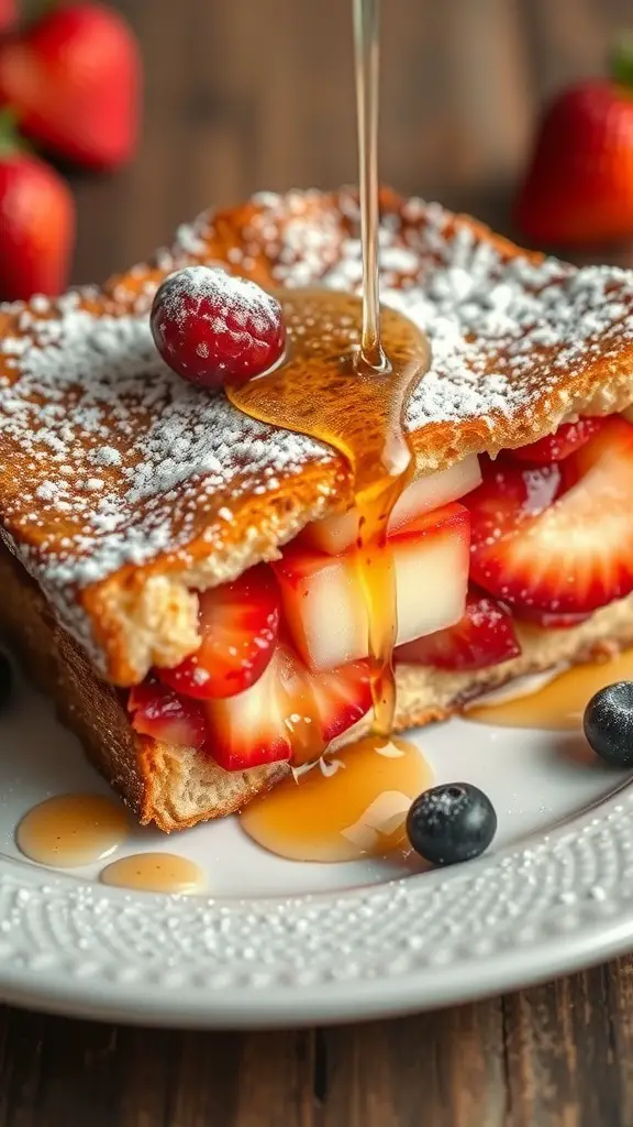 A slice of fruit-stuffed French toast with strawberries and blueberries, drizzled with syrup.