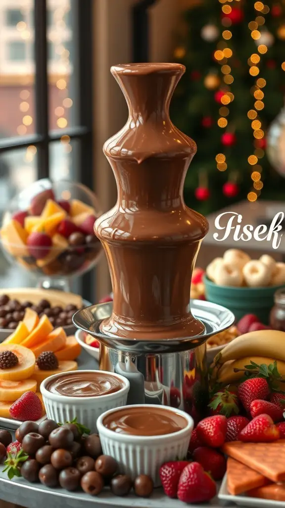 A chocolate fountain surrounded by various fruits and treats for dipping.