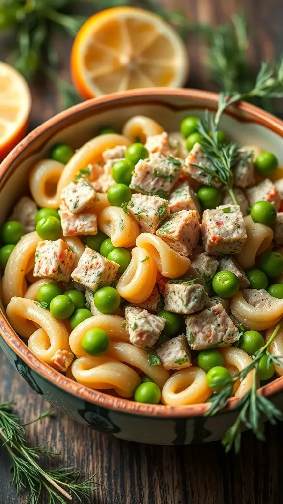 A bowl of Tuna Pasta Salad with peas and dill, featuring pasta twirls, green peas, and chunks of tuna, garnished with fresh herbs.