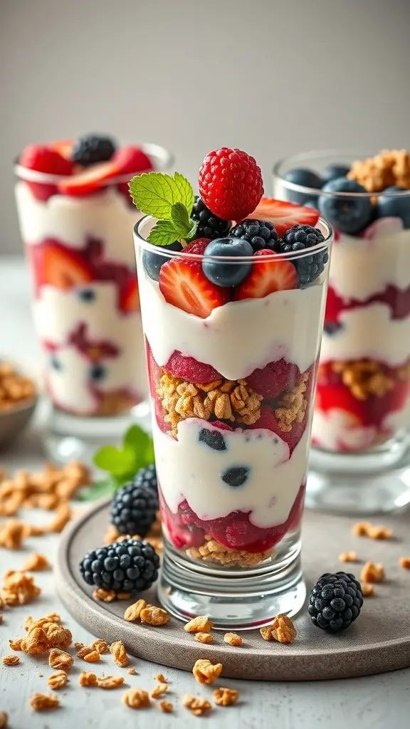 Delicious berry and yogurt parfaits with layers of yogurt, berries, and granola