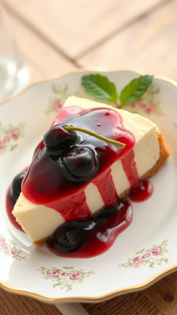A slice of Italian ricotta cheesecake topped with cherry sauce on a decorative plate.