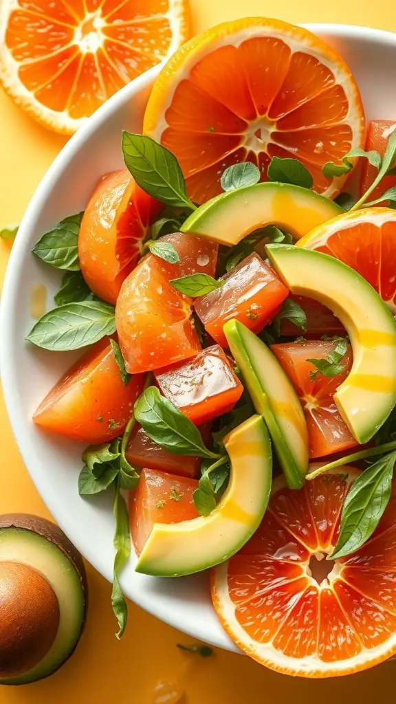 A colorful Citrus Avocado Salad with oranges, tomatoes, and avocado slices.