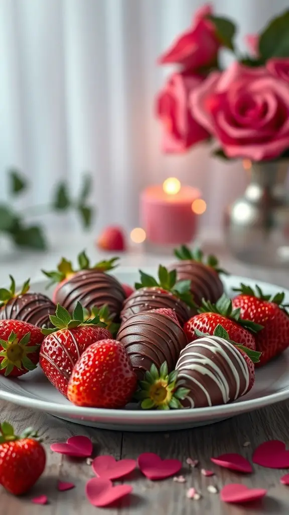 A plate of chocolate-covered strawberries with roses and a candle in the background