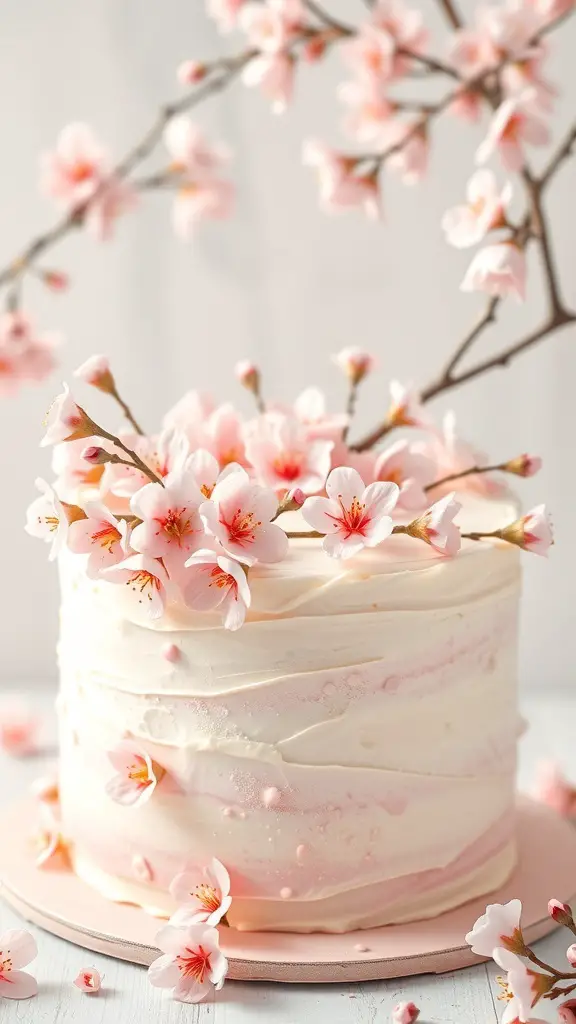 A beautiful Spring Blossom Cake decorated with pink flowers and cherry blossom branches.