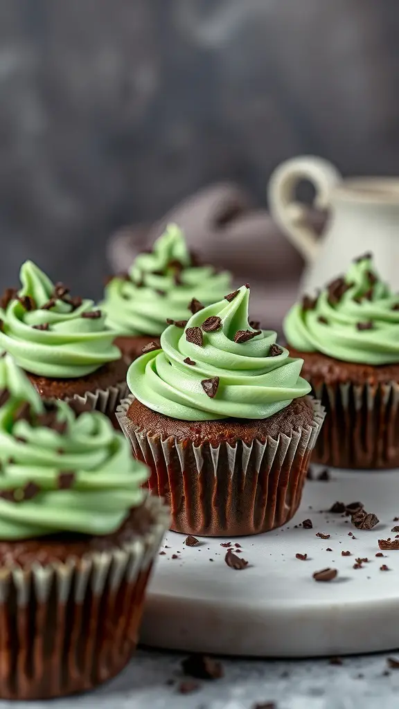 Chocolate mint cupcakes with green frosting and chocolate shavings
