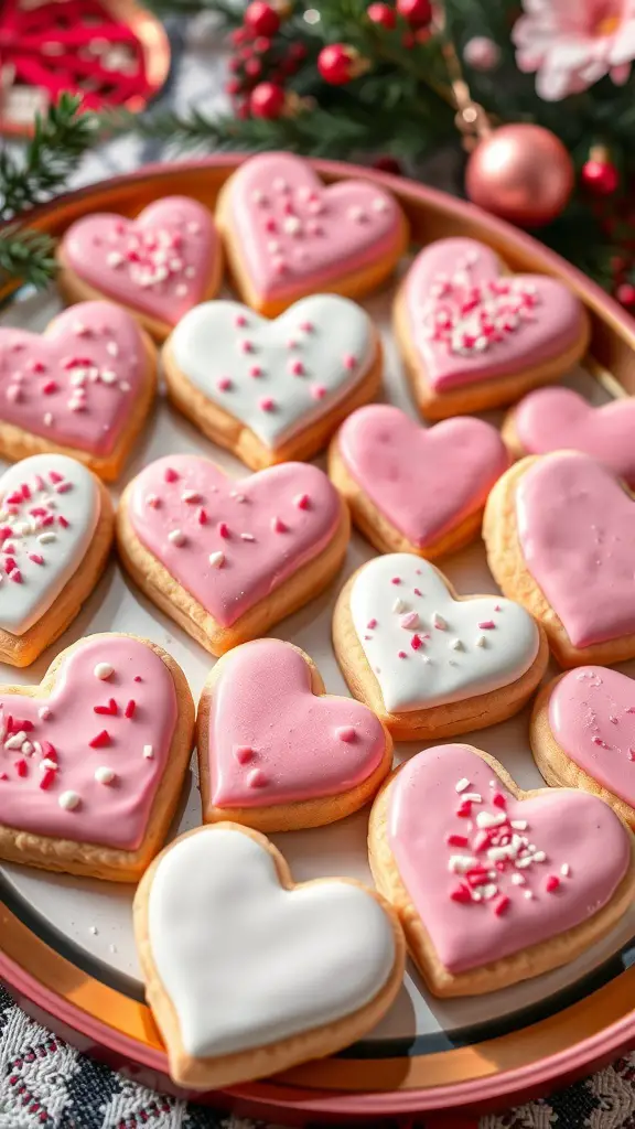 A tray of heart-shaped Valentine's Day sugar cookies decorated with pink and white icing and sprinkles.