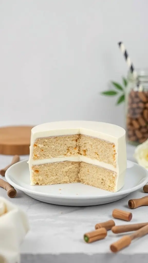 A classic vanilla bean bento cake with a smooth frosting and visible cake layers.