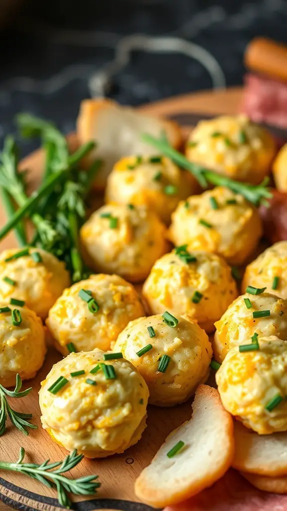 A close-up of cheddar and chive bites on a wooden platter, garnished with fresh chives and served with slices of bread.