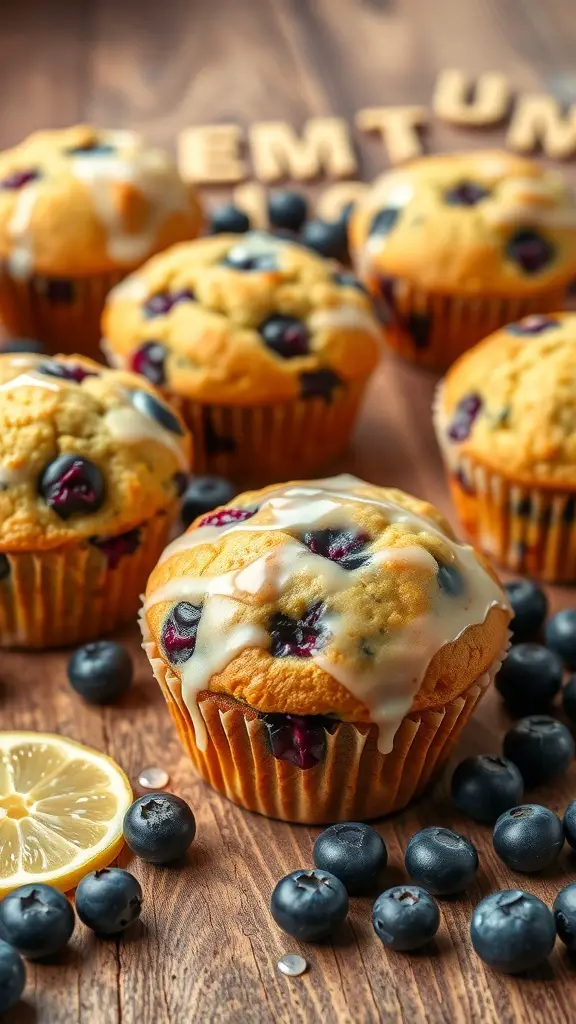Lemon Blueberry Burst Muffins with blueberries and lemon slices