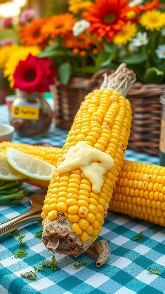 Garlic butter corn on the cob with flowers in the background