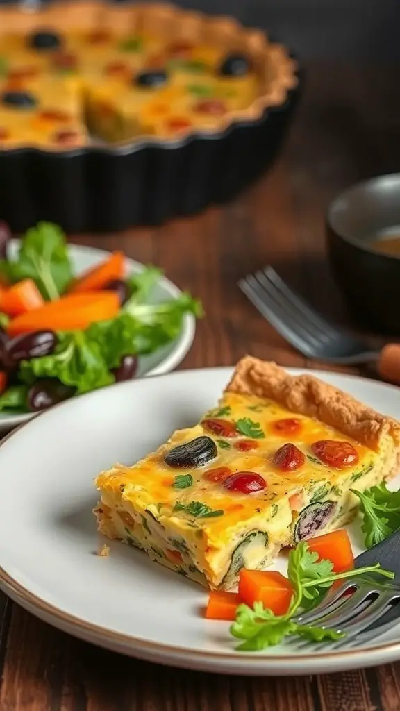 A slice of savory quiche with vegetables on a plate, accompanied by a fresh salad.