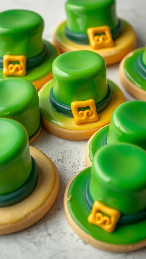 A close-up of decorated leprechaun hat cookies in green and yellow colors.