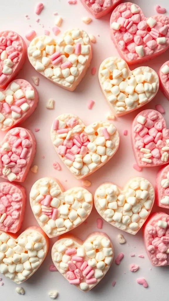 Heart-shaped Rice Krispie Treats in pink and white colors with mini marshmallows