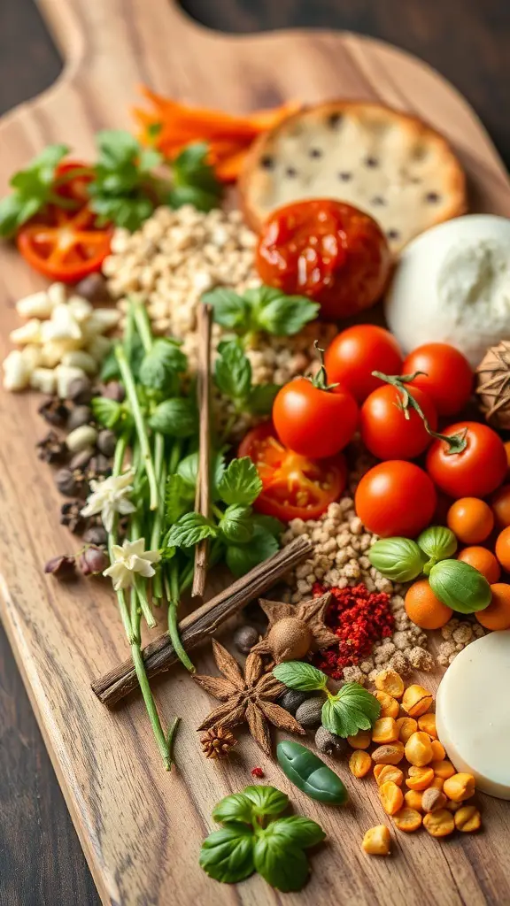 A variety of fresh herbs and spices arranged on a wooden board, including tomatoes, chilies, and spices.