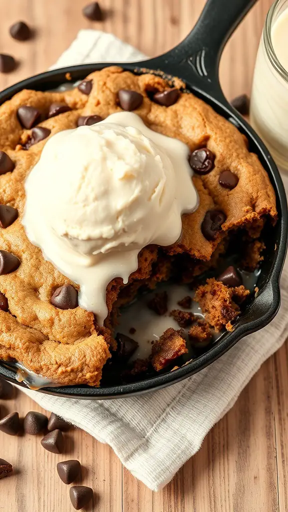 A skillet filled with a warm chocolate chip cookie topped with vanilla ice cream and chocolate chips.